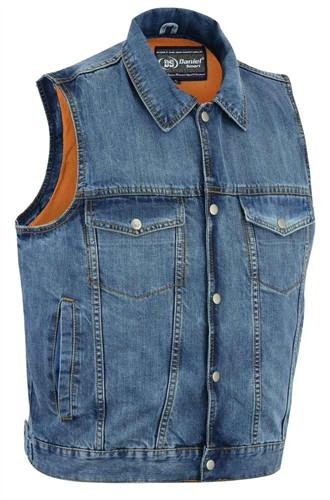 Men's Classic Blue Denim Motorcycle Vests, Zipper & Collar