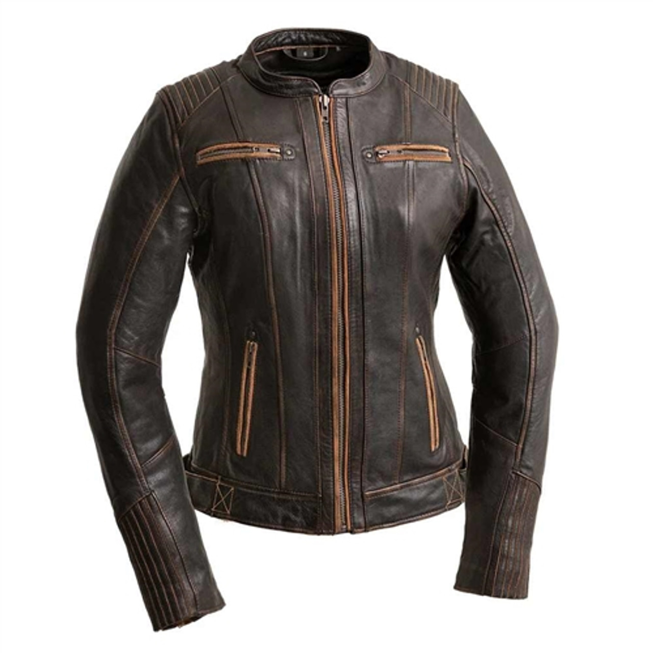 First Classics Ladies Brown Leather Motorcycle Jacket, Distressed ...