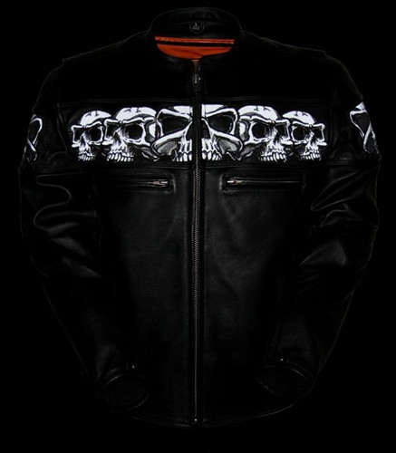 Men's Reflective Skulls Leather Motorcycle Jacket | First MFG