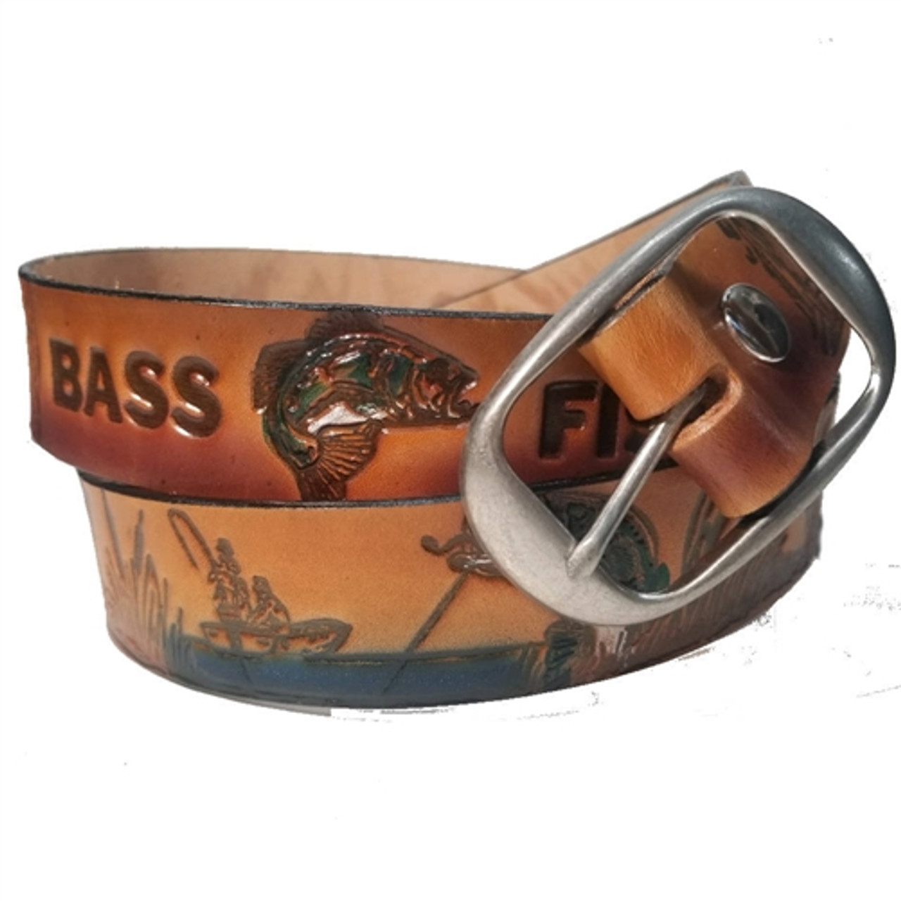 Custom Cowhide Leather Bass Fishing Print Belt, USA Made