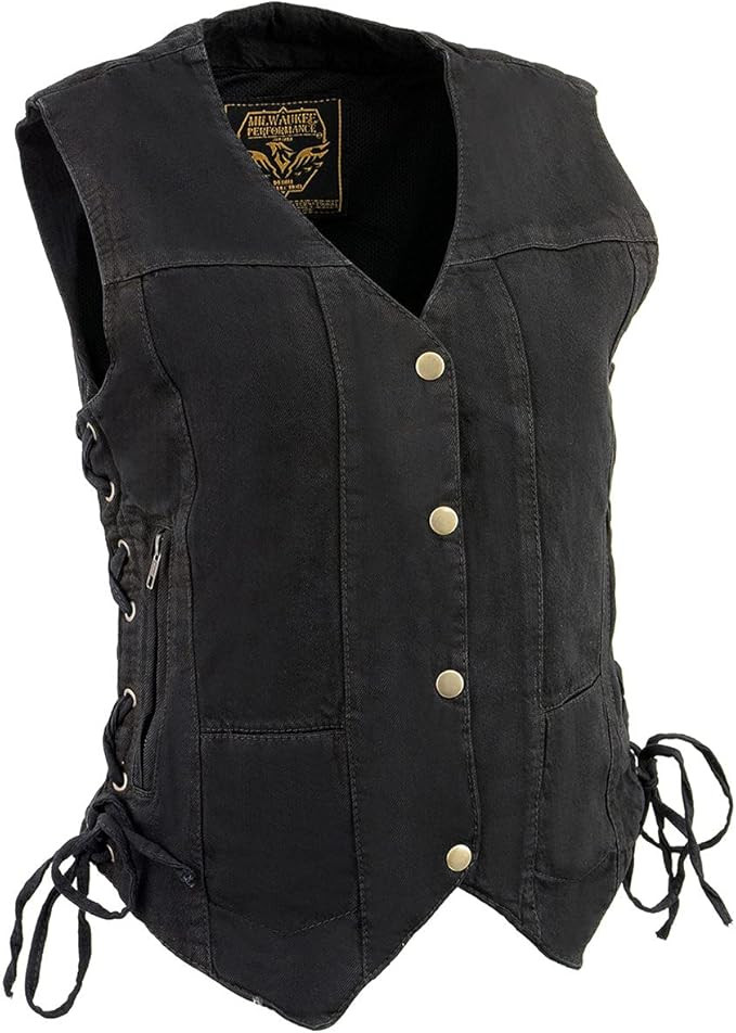 Ladies Black Denim Motorcycle Vest with Side Lace – Milwaukee