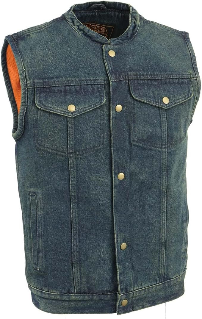 Men's Blue Milwaukee Denim Motorcycle Vest | Leather Bound NJ