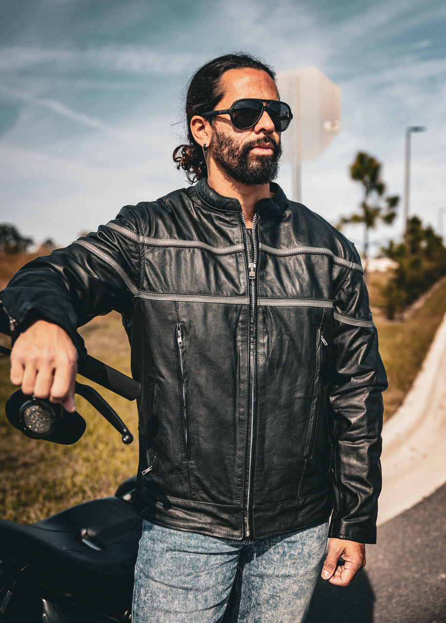 Men's Silver Striped Racer Motorcycle Jacket | Unik | Leather Bound NJ