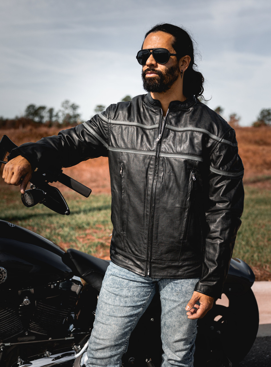 Men's Silver Striped Racer Motorcycle Jacket | Unik | Leather Bound NJ