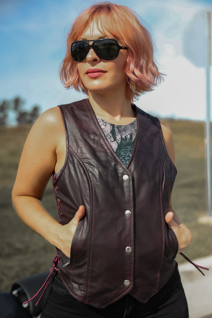 Ladies Purple Leather Vest with Side Lace | Unik Women's
