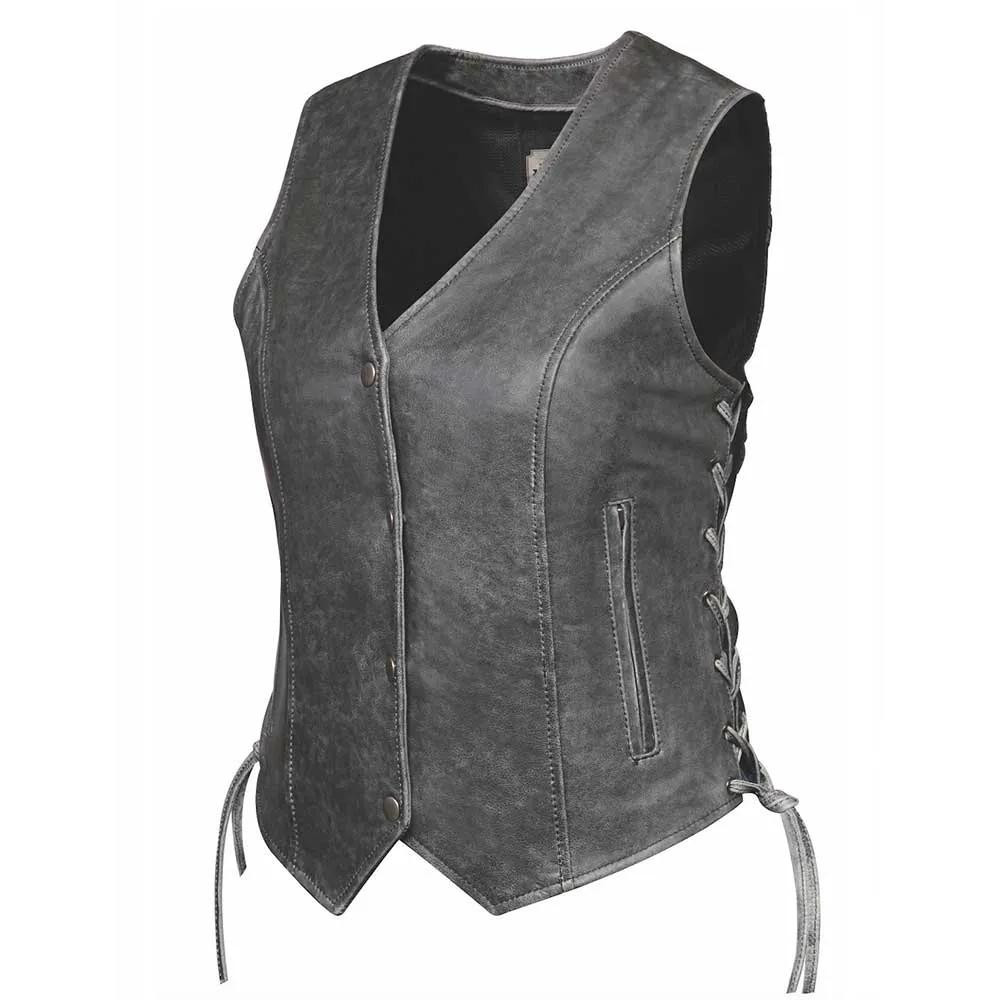 Soft Gray Ladies Leather Moto Vest with Side Lace Leather Bound NJ