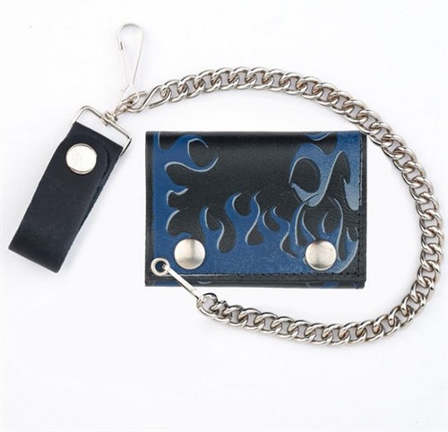 Biker Leather Chain Wallet with Blue Flames | USA Made | Leather