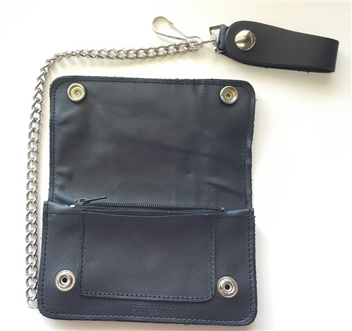 USA Made Black Cowhide Leather Chain Wallet with Zip Compartment