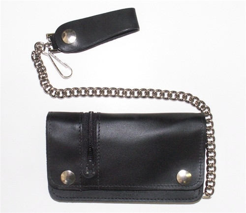 USA Made Black Cowhide Leather Chain Wallet with Zip Compartment