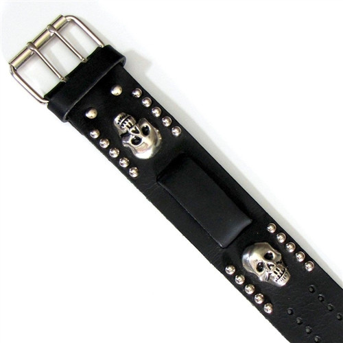 Wide Leather Watch Bands USA Made Biker Chrome Skull