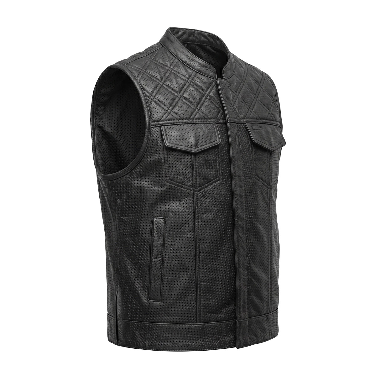 Men's Diamond Perforated Leather Motorcycle Vest | Concealed Carry