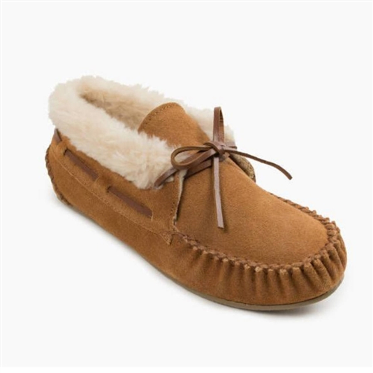 Women's Minnetonka Chrissy Slippers (Cinnamon Suede) Fur Moccasins