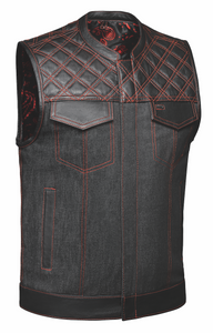 Unik Black & Red Paisley Denim & Leather Club Vest with Concealed Carry Pockets and Zip-Snap Front Closure Unik Black & Red Paisley Denim & Leather Club Vest with Concealed Carry Pockets and Zip-Snap Front Closure