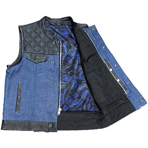 Unik Black & Blue Paisley Denim & Leather Club Vest with Concealed Carry Pockets and Zipper-Snap Front Closure Unik Black & Blue Paisley Denim & Leather Club Vest with Concealed Carry Pockets and Zipper-Snap Front Closure