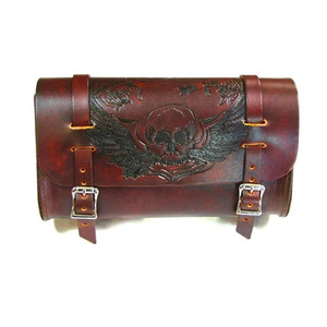 Leather Antique Brown Motorcycle Tool Bag, Embossed Skull & Wings Leather Antique Brown Motorcycle Tool Bag, Embossed Skull & Wings