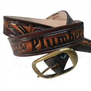 USA-made full-grain cowhide leather belt embossed with plumber tools – snap-off buckle USA-made full-grain cowhide leather belt embossed with plumber tools – snap-off buckle