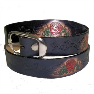 USA-made genuine cowhide leather belt with painted red rose embossing – snap-off buckle USA-made genuine cowhide leather belt with painted red rose embossing – snap-off buckle