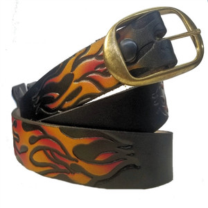 USA-made full-grain black cowhide belt embossed with orange and red flames – snap-off buckle USA-made full-grain black cowhide belt embossed with orange and red flames – snap-off buckle
