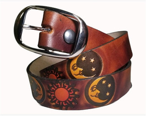 Sun & Moon Embossed Leather Belts: American Made Cowhide Sun & Moon Embossed Leather Belts: American Made Cowhide