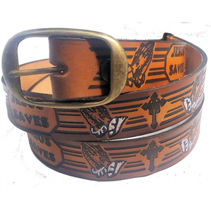 Jesus Saves embossed leather belt – handcrafted in USA, genuine cowhide with removable buckle Jesus Saves embossed leather belt – handcrafted in USA, genuine cowhide with removable buckle