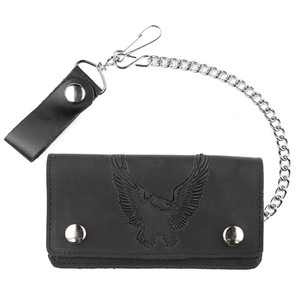USA-made 6-inch black leather bi-fold wallet with embossed eagle design, snap closure, and detachable 12-inch chain USA-made 6-inch black leather bi-fold wallet with embossed eagle design, snap closure, and detachable 12-inch chain