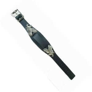 USA-made black leather watch band featuring dual eagle emblems and silver buckle USA-made black leather watch band featuring dual eagle emblems and silver buckle