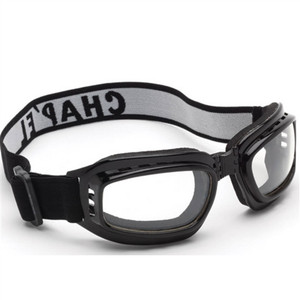 Fold-Up Motorcycle Goggles featuring black frame, clear UV400 lenses, and adjustable stretch band Fold-Up Motorcycle Goggles featuring black frame, clear UV400 lenses, and adjustable stretch band