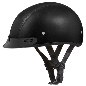 Daytona leather motorcycle half helmet – front view premium lambskin shell with snap-on shorty visor and DOT-approved slim profile Daytona leather motorcycle half helmet – front view premium lambskin shell with snap-on shorty visor and DOT-approved slim profile