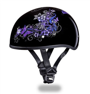 Daytona DOT-approved half-shell motorcycle helmet featuring vibrant purple butterfly and floral graphics on a high-gloss black finish Daytona DOT-approved half-shell motorcycle helmet featuring vibrant purple butterfly and floral graphics on a high-gloss black finish