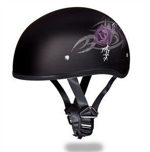 Daytona DOT-approved half-shell motorcycle helmet for women featuring purple tribal rose graphics on matte black finish Daytona DOT-approved half-shell motorcycle helmet for women featuring purple tribal rose graphics on matte black finish