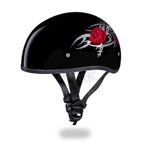 Daytona Helmets Red Rose Ladies Half Motorcycle Helmet with glossy black finish, red rose and tribal graphics, DOT FMVSS 218 certified, slim low-profile design Daytona Helmets Red Rose Ladies Half Motorcycle Helmet with glossy black finish, red rose and tribal graphics, DOT FMVSS 218 certified, slim low-profile design