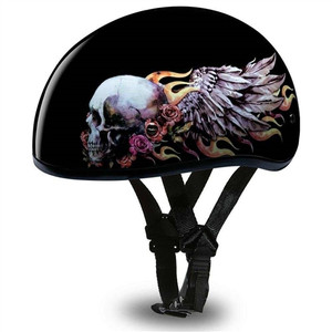 Daytona Helmets Flaming Skull Motorcycle Half Helmet with high-gloss finish, low-profile skull cap design, and flaming skull graphics on each side, DOT FMVSS 218 certified Daytona Helmets Flaming Skull Motorcycle Half Helmet with high-gloss finish, low-profile skull cap design, and flaming skull graphics on each side, DOT FMVSS 218 certified