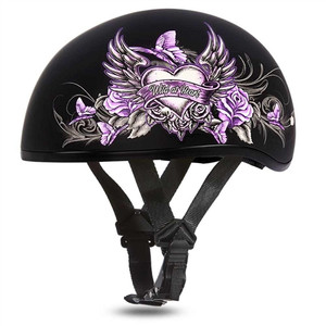 Daytona Helmets Wild Heart ladies motorcycle half-shell helmet with matte black finish and pink wild heart graphic DOT approved Daytona Helmets Wild Heart ladies motorcycle half-shell helmet with matte black finish and pink wild heart graphic DOT approved