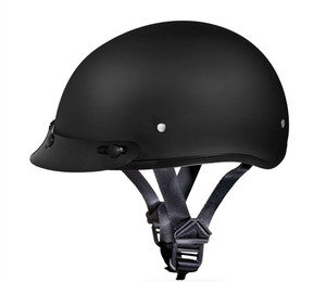 Daytona Helmets flat black skull cap half-shell motorcycle helmet with snap-on short visor and quick-release chin strap DOT approved Daytona Helmets flat black skull cap half-shell motorcycle helmet with snap-on short visor and quick-release chin strap DOT approved