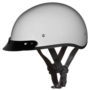 Daytona Skull Cap Pearl White half motorcycle helmet with removable gloss black mini scoop visor, DOT FMVSS 218 certified, low-profile design Daytona Skull Cap Pearl White half motorcycle helmet with removable gloss black mini scoop visor, DOT FMVSS 218 certified, low-profile design