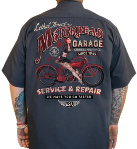 Motorhead Garage Motorcycle Work Shirt by Lethal Threat, vintage gray design with full-color back print and chest embroidery Motorhead Garage Motorcycle Work Shirt by Lethal Threat, vintage gray design with full-color back print and chest embroidery