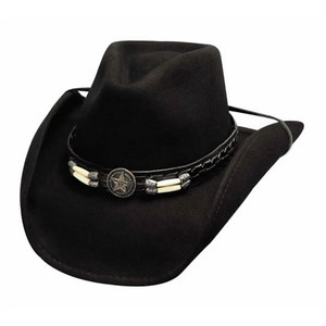 Bullhide Skynard wool western hat – front view showcasing 100% premium wool, shapeable 3¾" brim, pinch front crown, decorative hatband with bone barrel beads and star concho Bullhide Skynard wool western hat – front view showcasing 100% premium wool, shapeable 3¾" brim, pinch front crown, decorative hatband with bone barrel beads and star concho