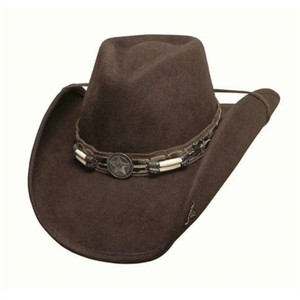 Bullhide Skynard Brown Wool Western Hat featuring shapeable brim, pinchfront crown, hat band with bone barrel beads and star concho, adjustable chin strap Bullhide Skynard Brown Wool Western Hat featuring shapeable brim, pinchfront crown, hat band with bone barrel beads and star concho, adjustable chin strap