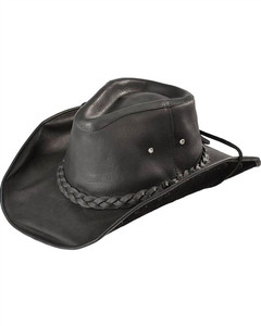Bullhide black leather cowboy hat – front view with genuine top-grain cowhide, braided hat band, shapeable brim, and ventilation grommets Bullhide black leather cowboy hat – front view with genuine top-grain cowhide, braided hat band, shapeable brim, and ventilation grommets