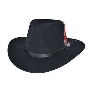 Bullhide Voyager black wool western hat front view leather band with feather accent Bullhide Voyager black wool western hat front view leather band with feather accent