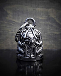 Caged Gremlin Motorcycle Guardian Bell – front view featuring detailed gremlin design encased in a cage, crafted from lead-free pewter Caged Gremlin Motorcycle Guardian Bell – front view featuring detailed gremlin design encased in a cage, crafted from lead-free pewter