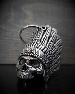 Indian Skull Motorcycle Guardian Bell – front view featuring detailed skull design with an Indian headdress, crafted from lead-free pewter Indian Skull Motorcycle Guardian Bell – front view featuring detailed skull design with an Indian headdress, crafted from lead-free pewter