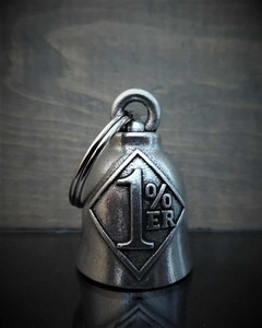 Close-up of pewter 1%er motorcycle guardian bell with outlaw “1%” emblem Close-up of pewter 1%er motorcycle guardian bell with outlaw “1%” emblem