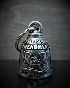 Second Amendment Motorcycle Guardian Bell – front view showcasing detailed engraving of the Second Amendment text and crossed rifles, crafted from lead-free pewter Second Amendment Motorcycle Guardian Bell – front view showcasing detailed engraving of the Second Amendment text and crossed rifles, crafted from lead-free pewter