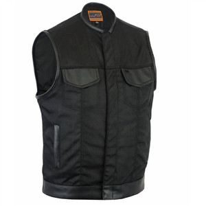 Black Textile & Leather Motorcycle Club Vest, Daniel Smart, Zip Black Textile & Leather Motorcycle Club Vest, Daniel Smart, Zip