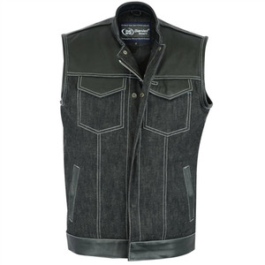Leather & Black Denim Motorcycle Vest w/ Concealed Carry Leather & Black Denim Motorcycle Vest w/ Concealed Carry