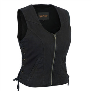 Women's Black Denim Biker Vests - Daniel Smart, Zip-Up Side Lace, Concealed Carry Women's Black Denim Biker Vests - Daniel Smart, Zip-Up Side Lace, Concealed Carry