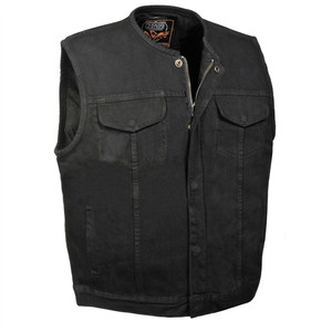 Men's Black Denim Motorcycle Vest: Collarless Club Zip-Up Men's Black Denim Motorcycle Vest: Collarless Club Zip-Up