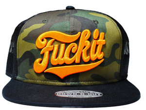 Lethal Threat 'F*ck It' camo flat bill snapback hat with raised orange embroidery and biker underbill artwork Lethal Threat 'F*ck It' camo flat bill snapback hat with raised orange embroidery and biker underbill artwork