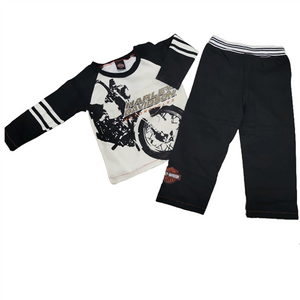 Harley-Davidson Toddler Boy Fleece Outfit featuring a long-sleeve motorcycle graphic shirt paired with black fleece sweatpants Harley-Davidson Toddler Boy Fleece Outfit featuring a long-sleeve motorcycle graphic shirt paired with black fleece sweatpants